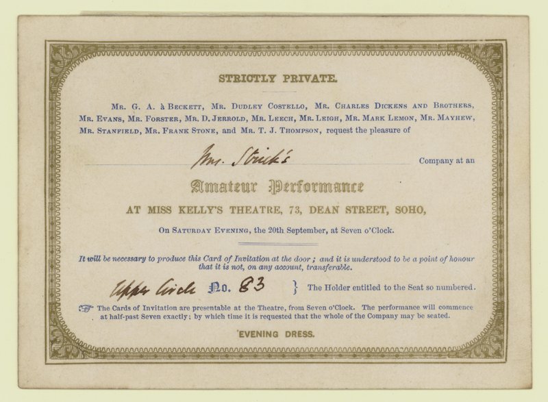Ticket voor Charles Dickens amateur toneelvoorstelling, 1845 door English School