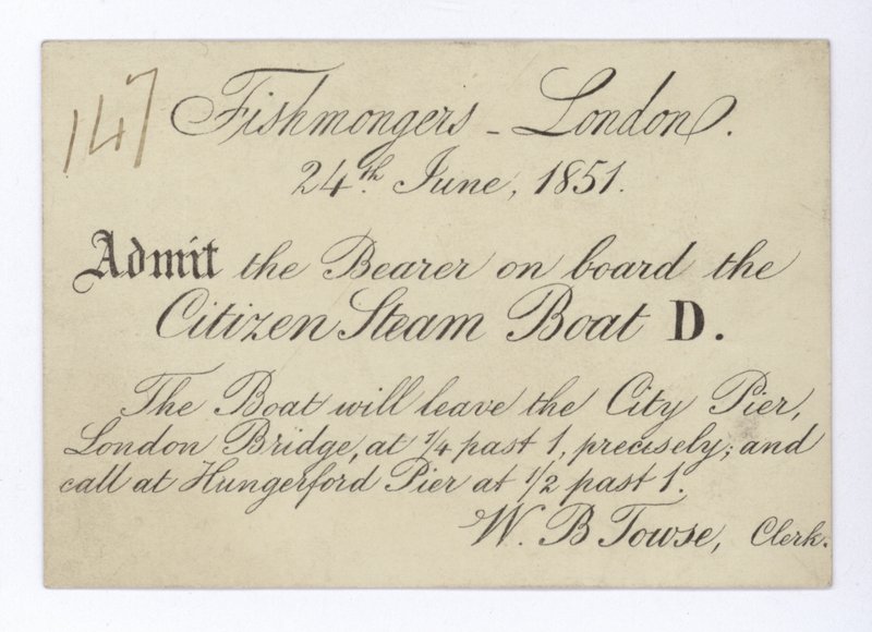 Ticket voor Londense visverkopers om een boottocht te maken op de Citizen Steam Boat, 24 juni 1851 door English School