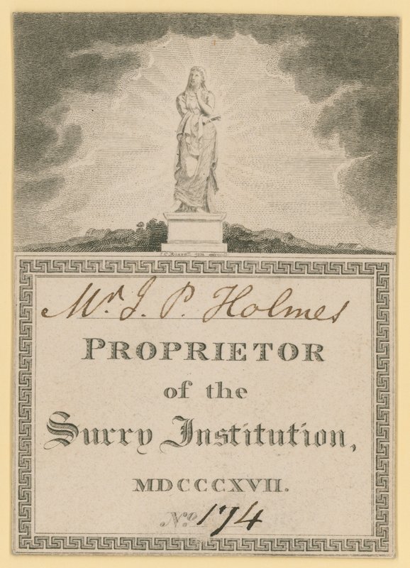 Ticket voor Eigenaar van het Surrey Instituut, gedateerd 1817 door English School