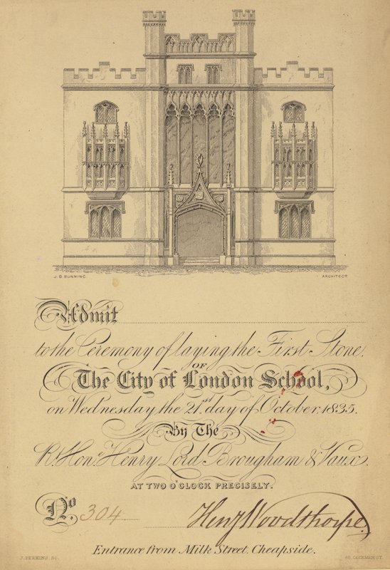 Ticket voor het leggen van de eerste steen van de City of London School, 21 oktober 1835 door English School