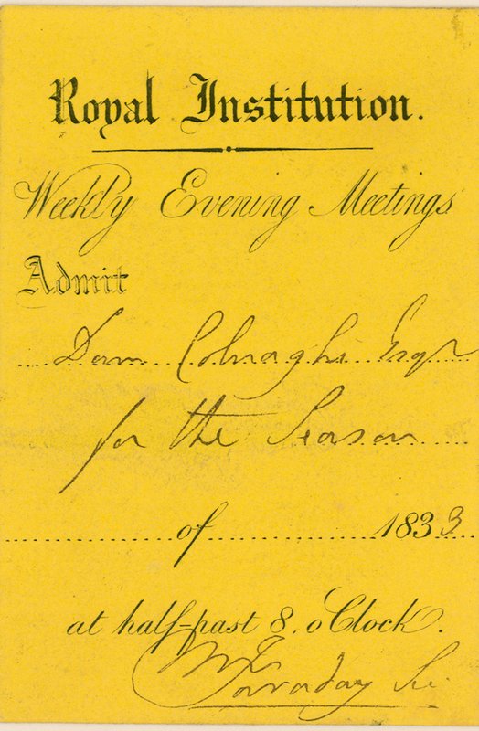 Toegangsbewijs voor de Royal Institution, Albemarle Street, Londen, voor een lezing door Michael Faraday door English School