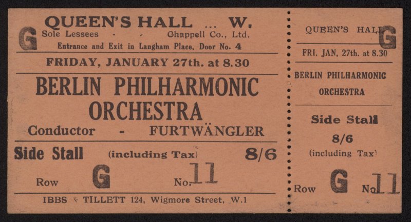 Ticket voor een concert van het Berlin Philharmonic Orchestra, Queens Hall, Londen, vrijdag 27 januari 1928 door English School