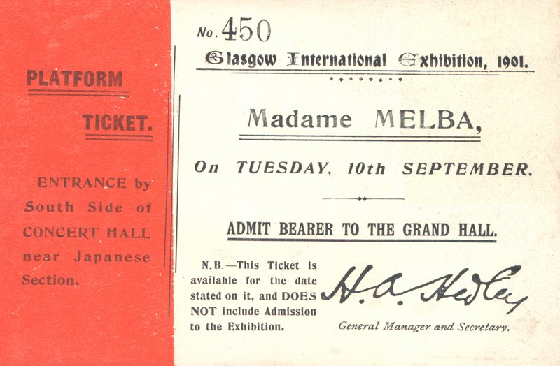 Ticket voor Nellie Melba op de Glasgow International Exhibition, 1901 door English School