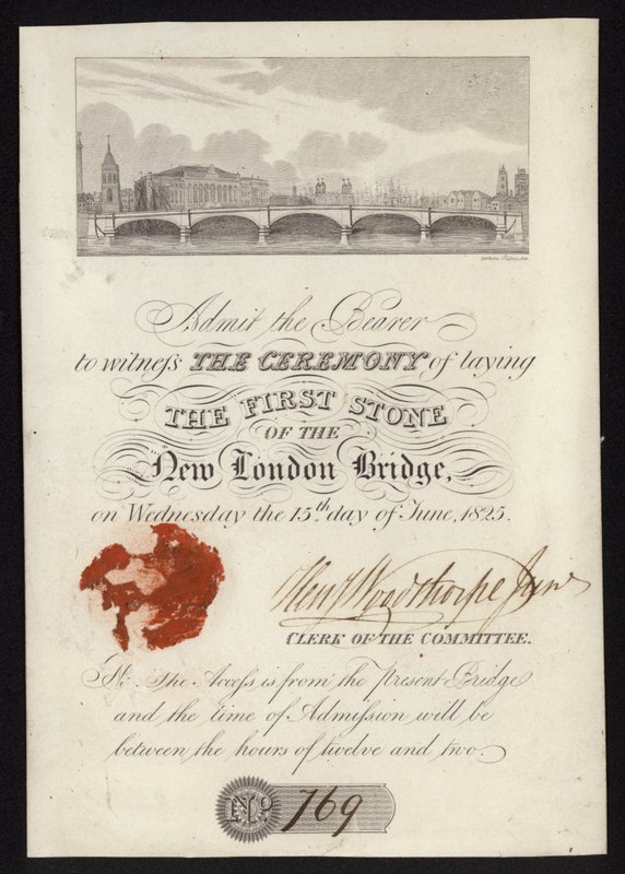 Toegangsbewijs voor de ceremonie van het leggen van de eerste steen van de nieuwe London Bridge door English School