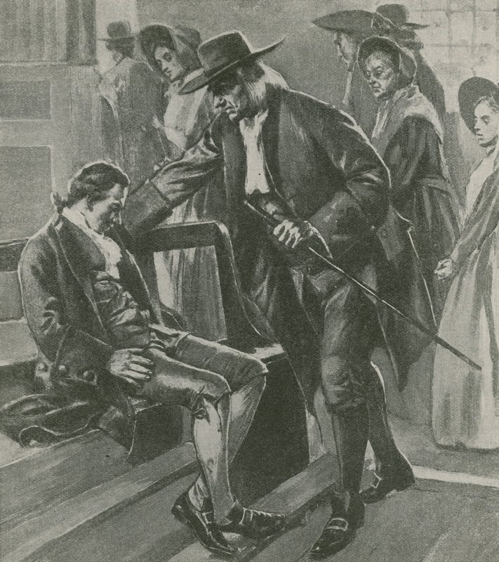 Moe en hongerig valt Benjamin Franklin in slaap in een Quaker-vergaderhuis door English School