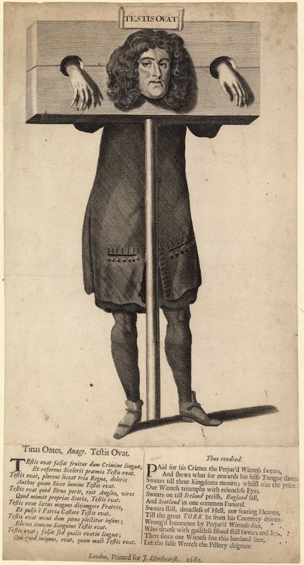 Titus Oates in de schandpaal, gepubliceerd 1685 door English School
