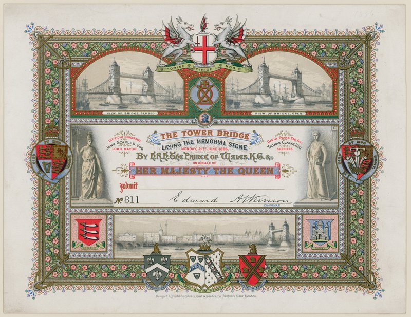 Tower Bridge, Londen, Uitnodiging voor het leggen van de gedenksteen, 21 juni 1886 door English School