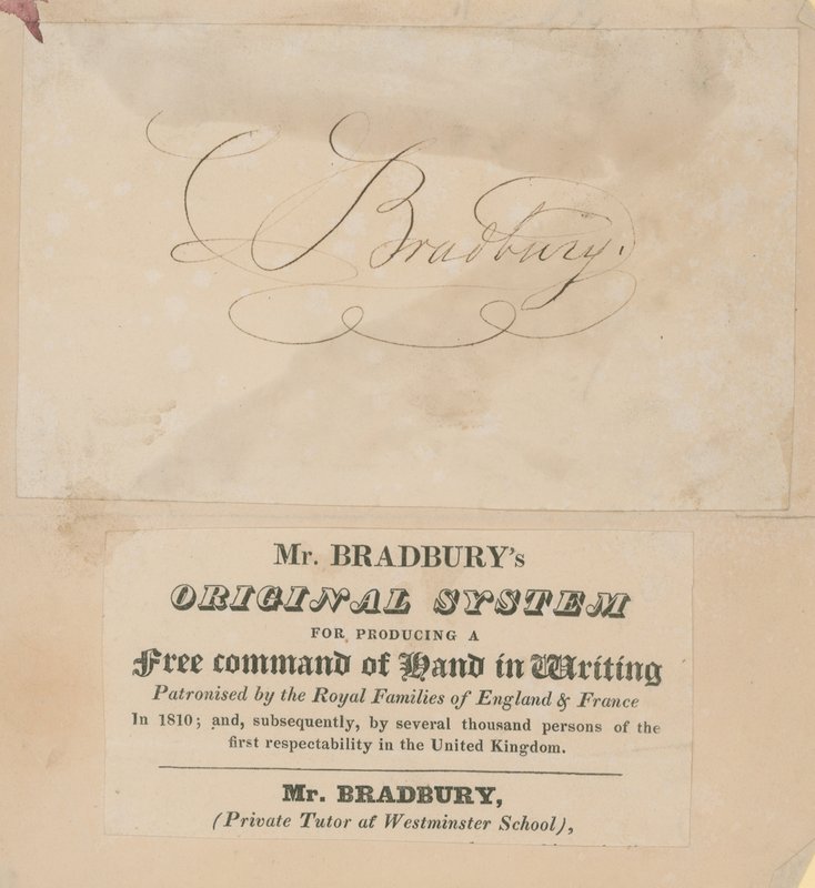 Handelskaart voor Mr Bradburys originele systeem voor het verkrijgen van een vrije handbeheersing in het schrijven door English School