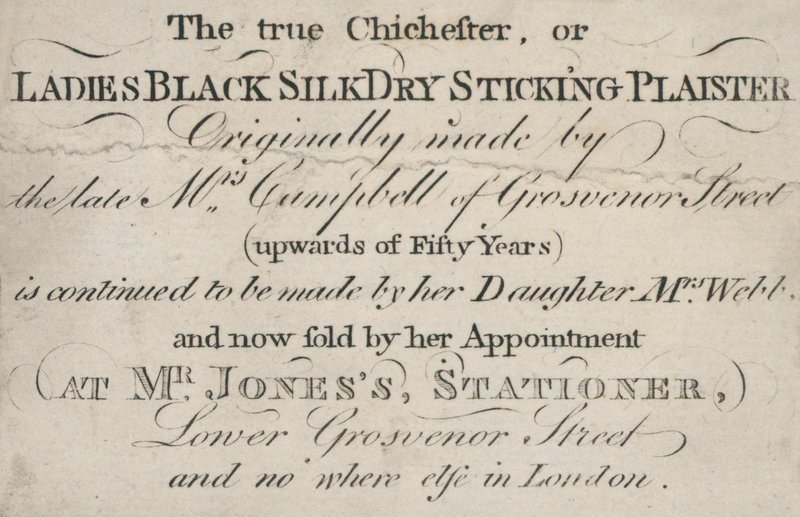 Handelskaart, de echte Chichester, of Ladies Black Silk Dry Sticking Plaister door English School
