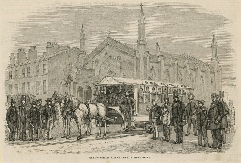 Treinen straatspoorwegwagen in Birkenhead door English School