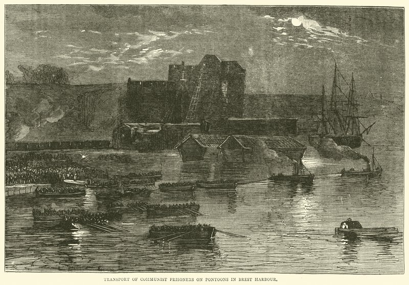Transport van communistische gevangenen op pontons in de haven van Brest, 1871 door English School