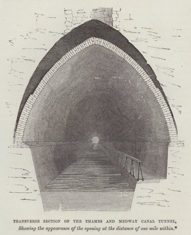 Dwarsdoorsnede van de Thames en Medway Kanaaltunnel (gravure) door English School