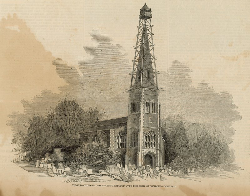 Trigonometrisch observatorium gebouwd boven de torenspits van de kerk van Wimbledon door English School