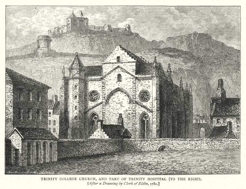 Trinity College Kerk, en Deel van Trinity Hospital, rechts (gravure) door English School