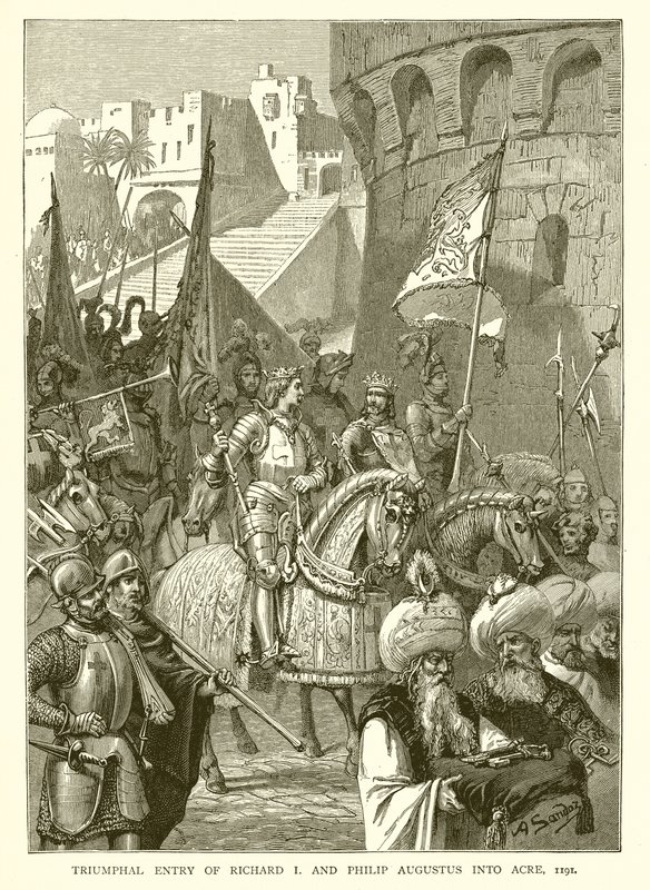 Triomfantelijke intocht van Richard I en Filips Augustus in Akko, 1191 door English School