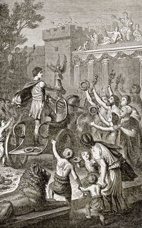 Triomfantelijke terugkeer van een Olympische winnaar, illustratie uit De Geïllustreerde Geschiedenis van de Wereld uitgegeven door Ward Lock, ca. 1880 door English School
