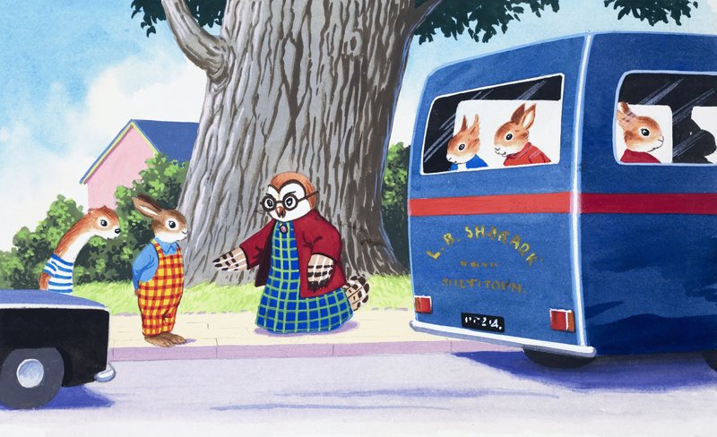 Tufty denkt na over het oversteken van de weg door English School