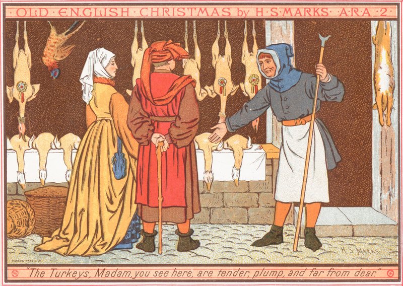 Kalkoenen hangen in slagersraam, kerstkaart door English School