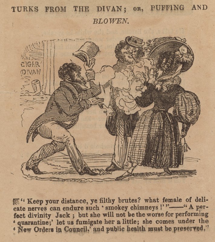 Turken van de Divan; of, Puffing and Blowen; cartoon door English School