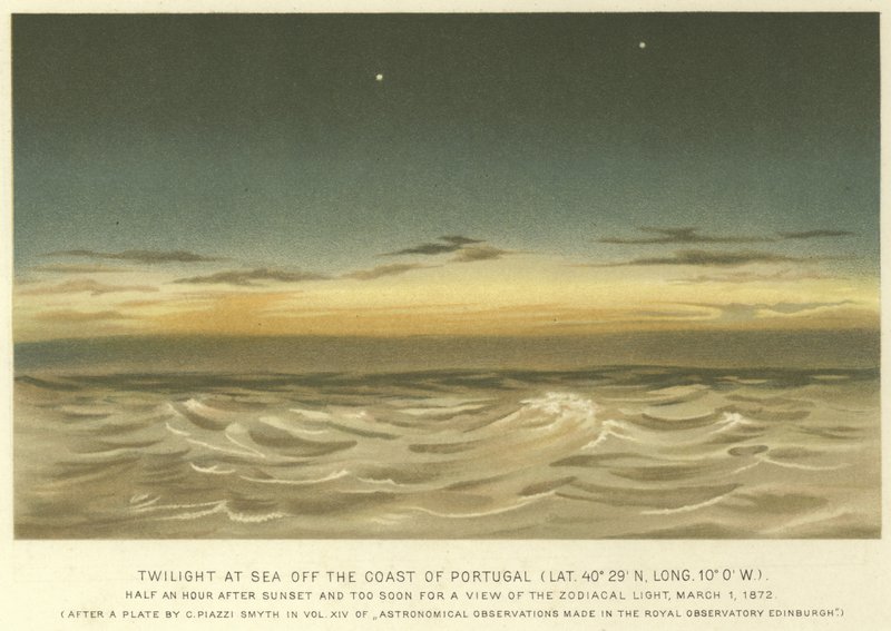 Schemering op zee voor de kust van Portugal, Breedtegraad 40° 29 N, Lengtegraad 10° 0 W door English School