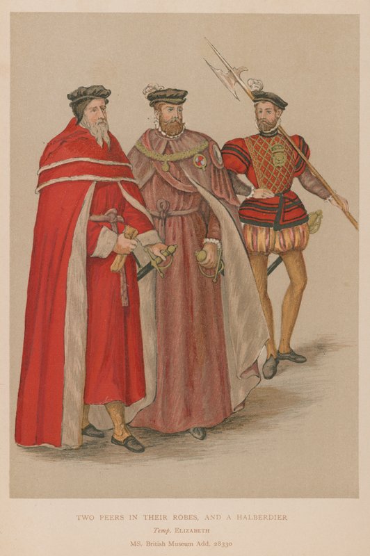 Twee edelen in hun gewaden en een hellebaardier in de Elizabethaanse tijd door English School