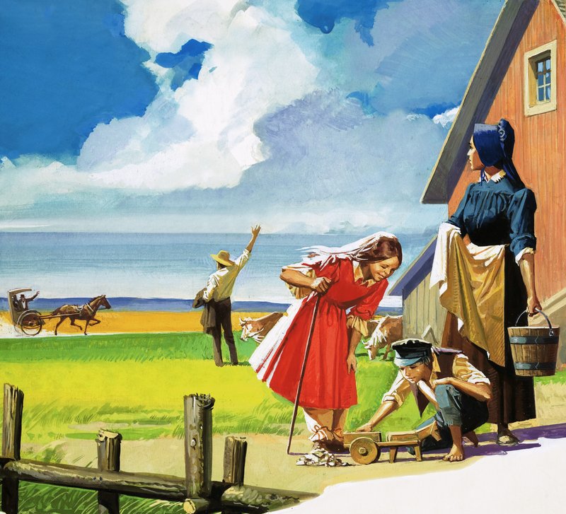 Ongeïdentificeerde Amerikaanse landelijke scène met Quaker familie door English School