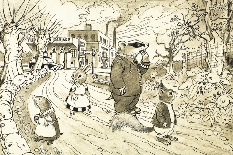 Ongeïdentificeerde cartoon dieren, waaronder eekhoorn, das, mol en konijn door English School