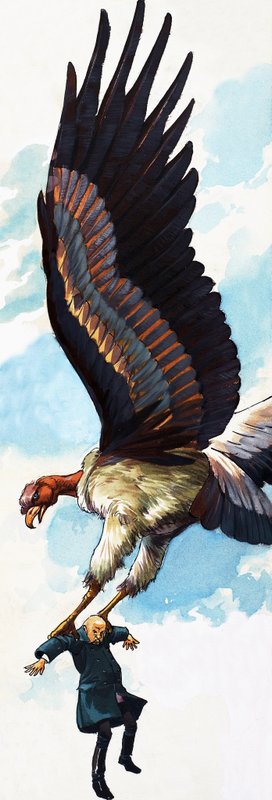 Ongeïdentificeerde volksverhaalillustratie van man gedragen door reuzenvogel door English School
