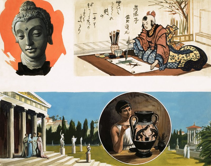 Ongeïdentificeerde montage over oude artefacten door English School