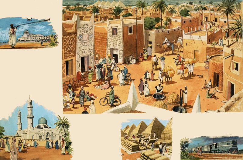 Ongeïdentificeerde scènes van Egypte, inclusief het oude Egypte en piramides door English School