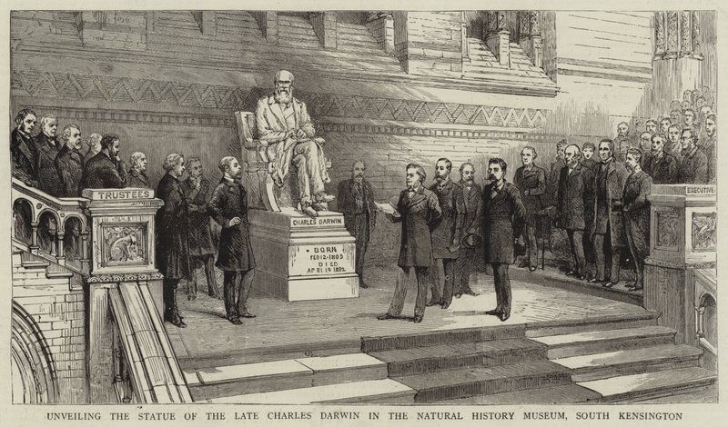 Onthulling van het standbeeld van wijlen Charles Darwin in het Natural History Museum, South Kensington door English School