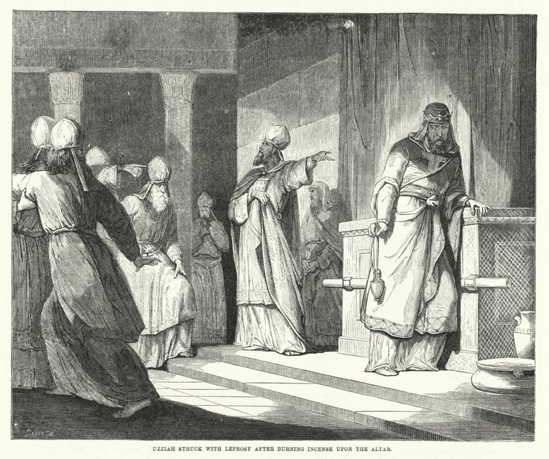 Uzzia getroffen door melaatsheid na het branden van wierook op het altaar (gravure) door English School