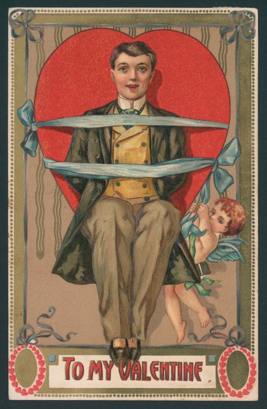 Valentijnskaart, man vastgebonden in linten door Cupido door English School