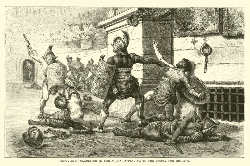 Verslagen gladiator in de arena smeekt het volk om zijn leven door English School