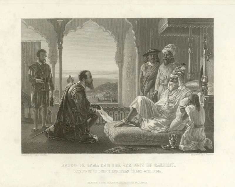 Vasco da Gama en de Zamorin van Calicut, 1498 door English School