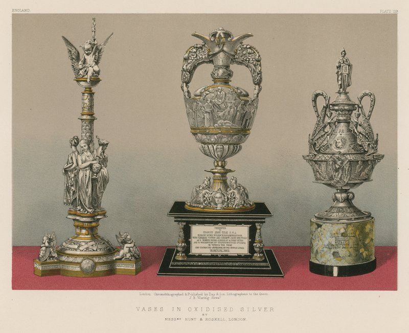 Vazen in geoxideerd zilver van de heren Hunt en Roskell, Londen (chromolitho) door English School