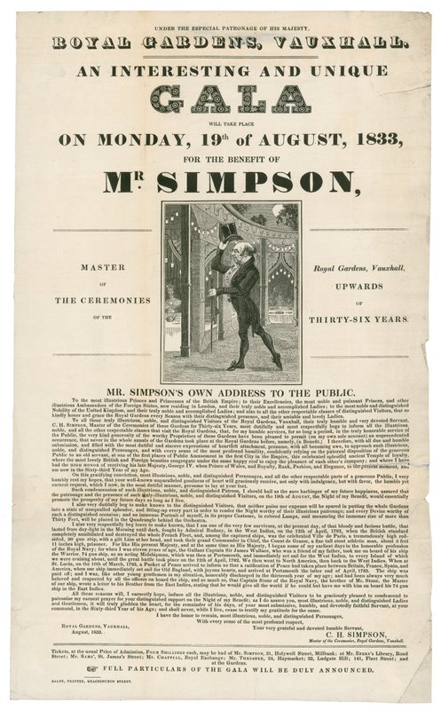 Vauxhall Gardens, Benefiet voor Mr. Simpson, 19 augustus 1833 door English School
