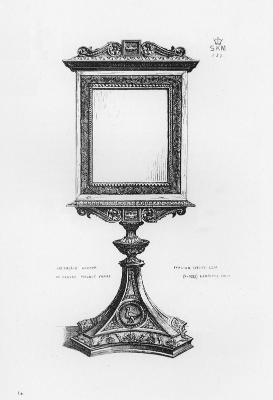 Victoria en Albert Museum: Metalen Spiegel in gesneden walnoothouten lijst, Italiaans door English School