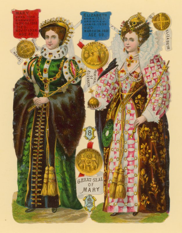 Victoriaanse prent: Koningin Maria I, Koningin Elizabeth I door English School