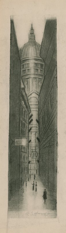 Uitzicht door een smalle straat naar St Paul