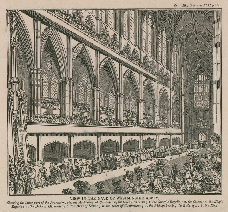 Uitzicht in het schip van Westminster Abbey tijdens de Kroning van Koning William IV en Koningin Adelaide door English School