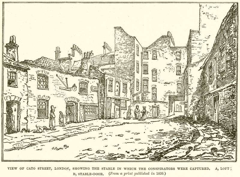 Uitzicht op Cato Street, Londen, met de stal waar de samenzweerders werden gevangengenomen door English School