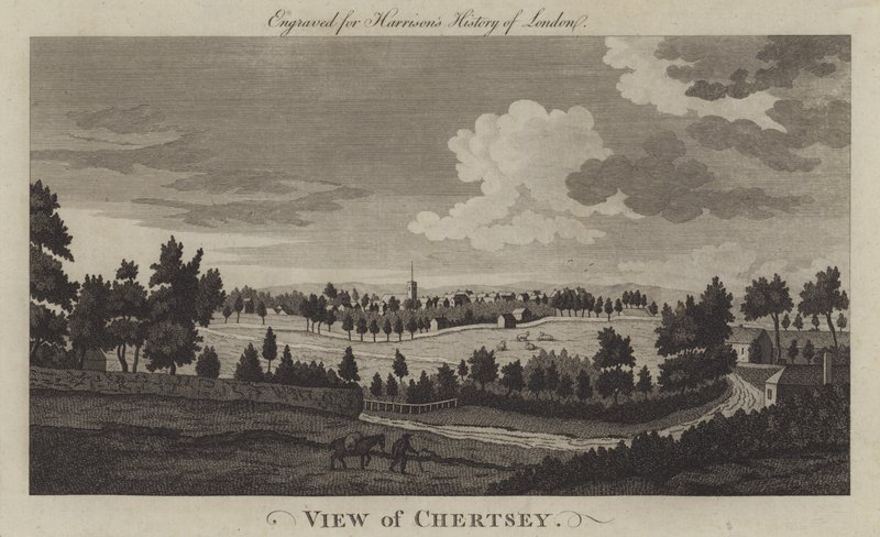 Uitzicht op Chertsey, Surrey (gravure) door English School