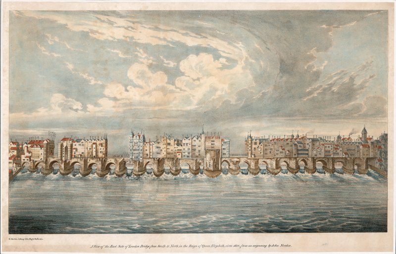 Uitzicht op de oostkant van de oude London Bridge in het bewind van koningin Elizabeth I door English School