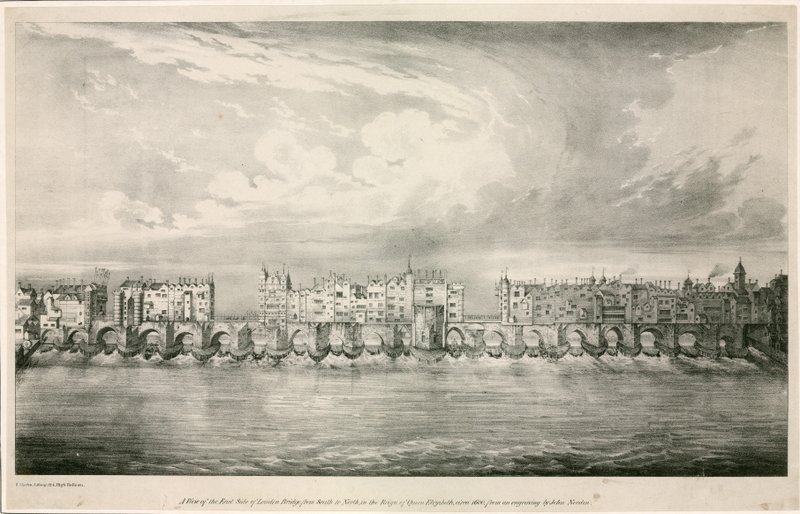 Uitzicht op de oude London Bridge zoals in het bewind van koningin Elizabeth I door English School