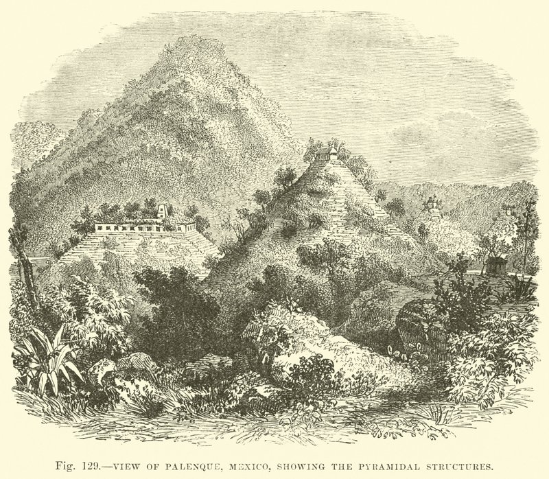 Uitzicht op Palenque, Mexico, met de piramidale structuren door English School