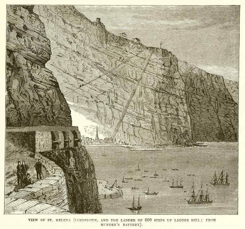 Uitzicht op Sint-Helena (Jamestown en de ladder van 600 treden omhoog Ladder Hill; vanaf Mundens Battery) door English School