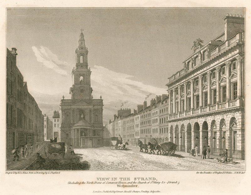 Uitzicht op The Strand, inclusief de noordelijke gevel van Somerset House en de kerk van St Mary-Le-Strand, Westminster, Londen door English School