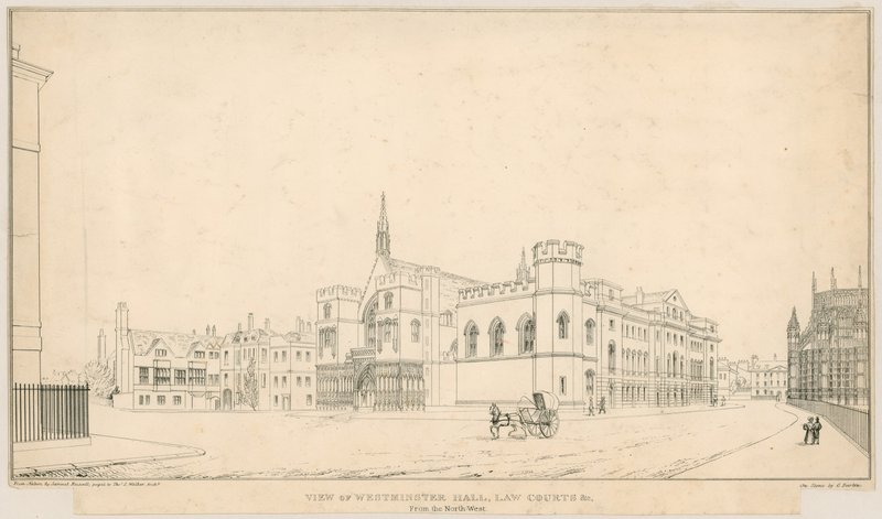 Uitzicht op Westminster Hall, Law Courts, enz., vanuit het noordwesten door English School