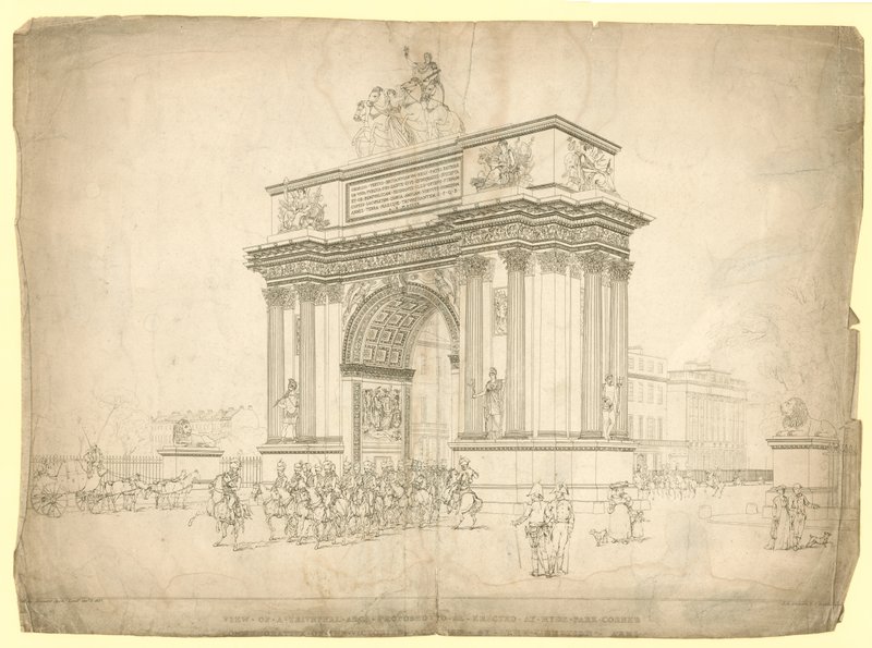 Uitzicht op een triomfboog voorgesteld om te worden opgericht bij Hyde Park Corner door English School